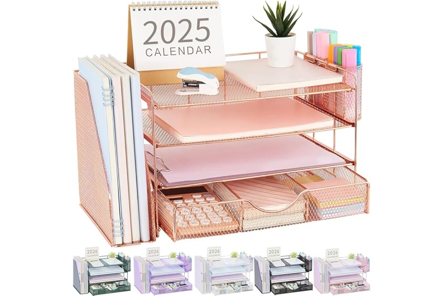 gianotter Desk Organizers and Accessories with File Holder, 4-Tier Desk Accessories & Workspace Organizers with Drawer and 2 Pen Holder, Paper Organizer for Office Supplies (Rose Gold)