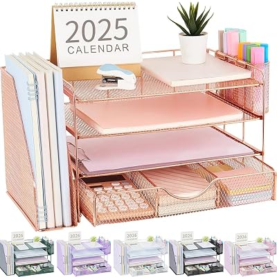 gianotter Desk Organizers and Accessories with File Holder, 4-Tier Desk Accessories & Workspace Organizers with Drawer and 2 Pen Holder, Paper Organizer for Office Supplies (Rose Gold)