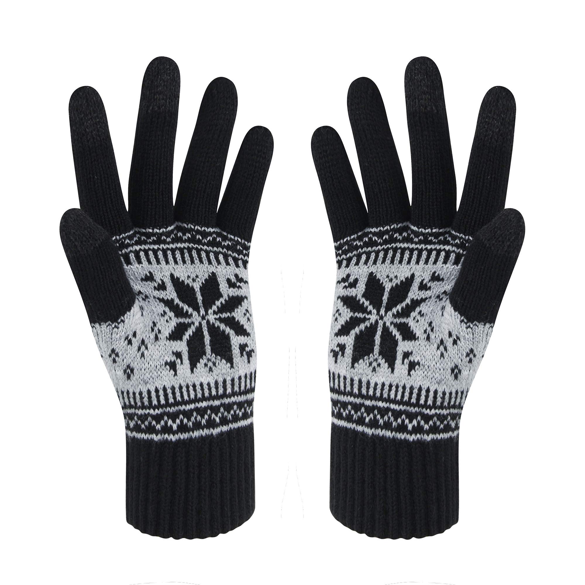VENI MASEE Winter Touch Screen Gloves Snow Flower Printing Keep Warm for Women and Men (Wblack)