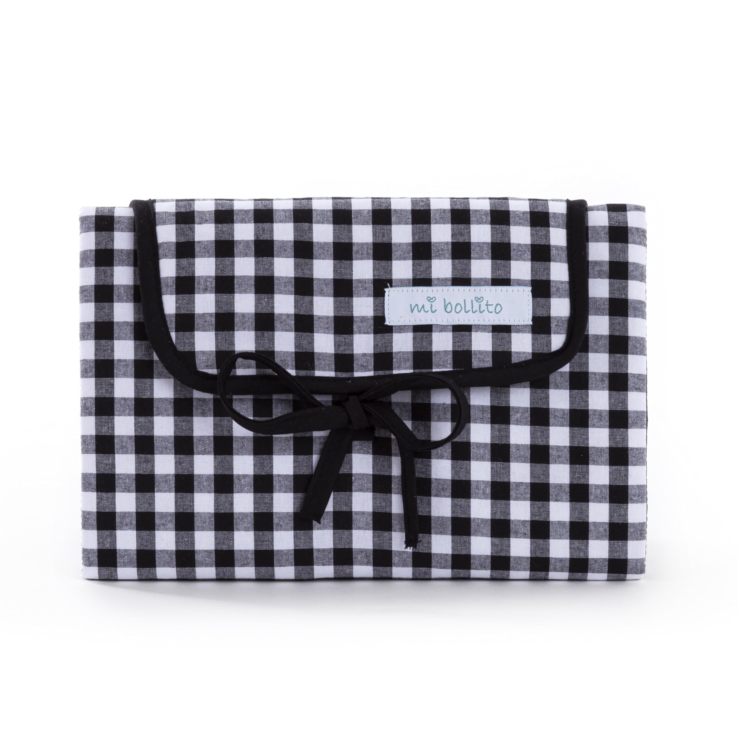 Mi Bollito - Portable Foldable Waterproof Baby Changing Mat Gingham Fabric Easy to Store in Maternity Bag Ideal for Newborn Gift (Black)