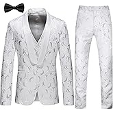 UNINUKOO Mens Suits 3 Piece 1 Button Prom Floral Wedding Shawl Lapel Casual Tuxedo Suit Set