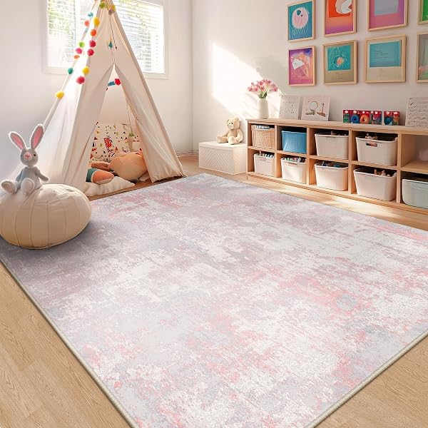RELEANY WASHABLE AREA RUGS 6’X9′ NON-SLIP MODERN ABSTRACT SOFT FOR LIVING ROOM ENTRYWAY BEDROOM NURSERY, PRINT PATTERN, GREY PINK
