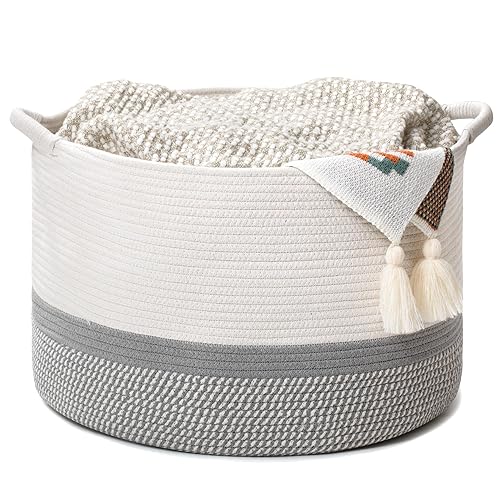 Large Woven Cotton Rope Storage Basket with Handles - Modern Round Laundry Hamper & Blanket Organizer for Nursery, Bedroom, Baby Toys, Pillows, Home Décor, 20"x13"