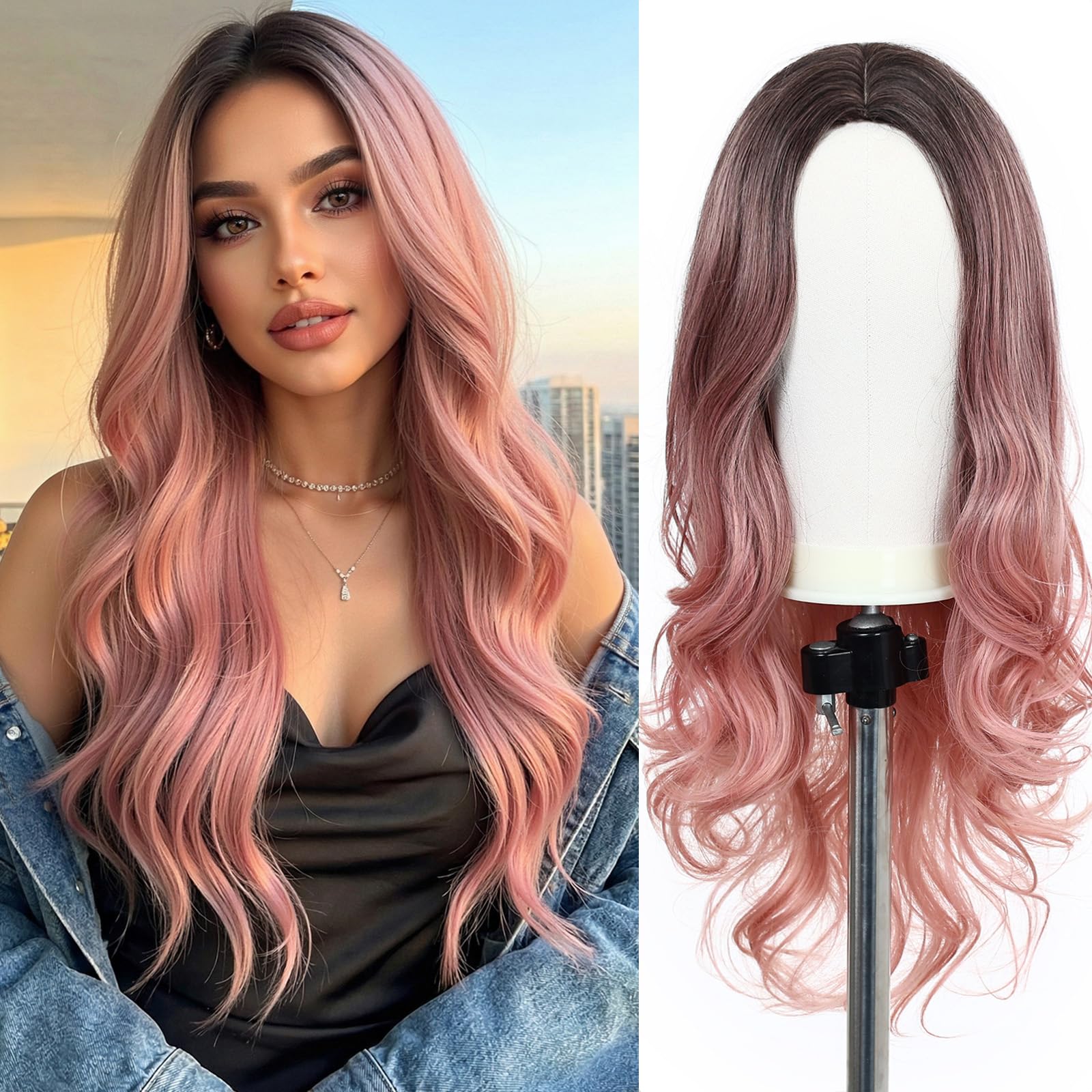 Esmee Synthetic Wig Ombre Pink Long Wavy Hair Wigs for Women Heat Resistant Fiber Middle Part Cosplay 24 Inch — image 1