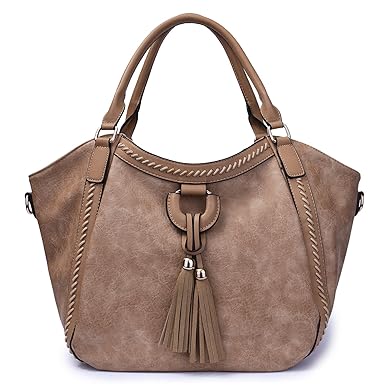 Mn&Sue Mn&Sue Women s Hobo Handbag Leather Shoulder Tote Purse Large Top Handle Satchel Roomy Beach Bag with Tassel (Apricot)
