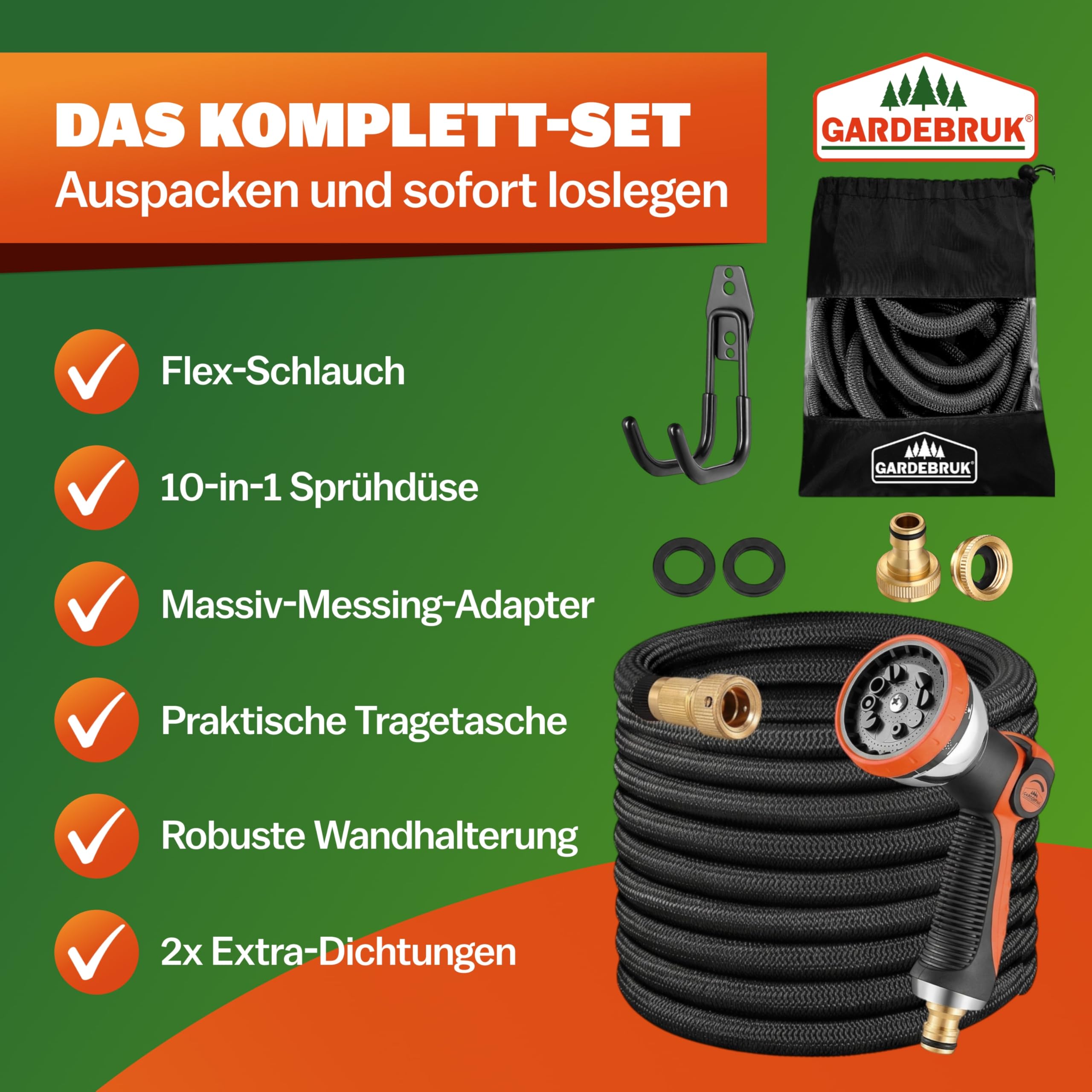 GARDEBRUK® Flexibler Gartenschlauch 30m 3fach Latexkern Vollmessing Adapter 1/2' 3/4' Zoll Wandhalterung Tasche Flexschlauch Wasserschlauch Schwarz 6