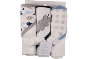 CUDLIE Buttons and Stitches Baby Boys 3 Pack Infant Hooded Towel, Triceratops Prints (GS71365)