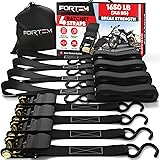 FORTEM Ratchet Straps, 1650lb Break Strength, 4 15ft Tie Down Strap Set, 4 Soft Loops, Motorcycle Straps Tie Downs, Cargo Str