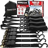 FORTEM Ratchet Straps, Tie Down Strap Set 1650lb Break Strength, 4 Pack 15ft x 1in, 4 Soft Loops, Moving Straps Tie Downs, Cargo Cam Buckles for Trucks, Carry Bag, for Men