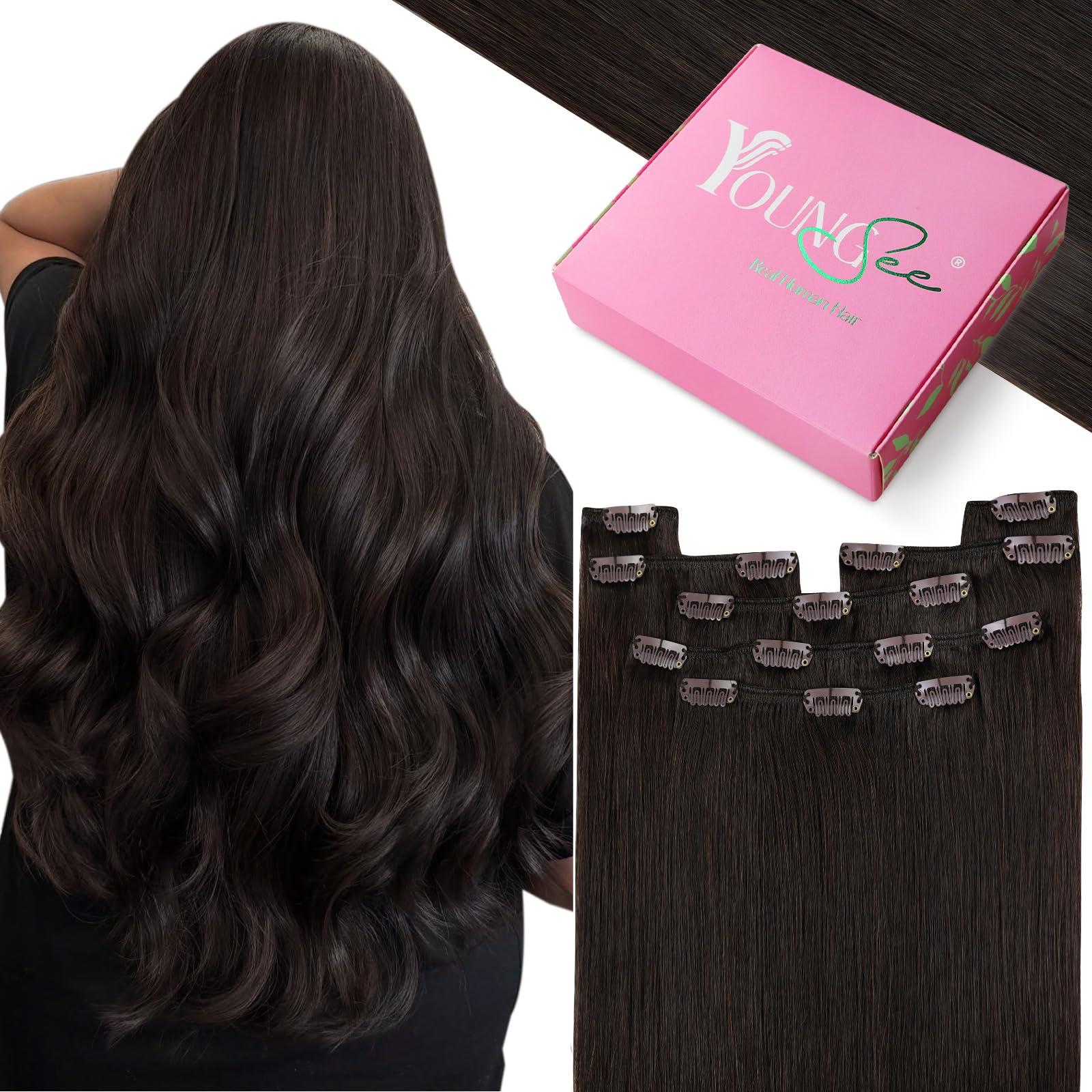 YoungSee Clip in Hair Extensions Real Human Hair Brown 22inch 120g Real Clip in Extensions Dark Brown Clip in Human Hair Extensions Brown for Wedding Smooth Long Straight 7Pcs — image 1