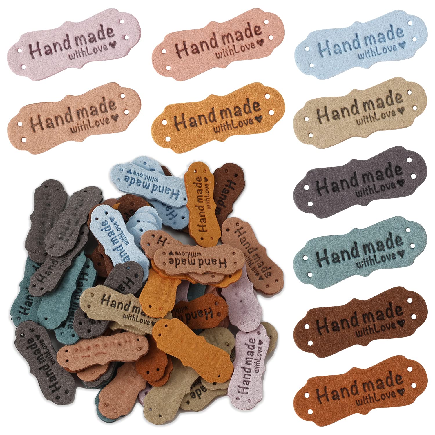 60 Pcs Handmade Leather Labels, Colorful Crochet Tags Leather Labels with Love Hearts Handmade Tags for Crafts Crochet Fabric Hat Purses Clothing Handbag Luggage (10 Colors)