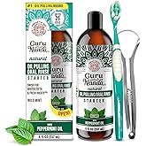 GuruNanda Starter Pulling Oil Mouthwash for Natural Teeth Whitening, Coconut and Peppermint Oil for Fresh Breath & Happy Gums, with Toothbrush & Tongue Scraper, Alcohol-Free, 8 Oz