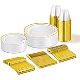150 PCS Gold Disposable Dinnerware Set for 25 Guests, Gold and White Plastic Plates for Party, 25 Dinner & Salad Plates, 25 Cups, 25 Forks Knives Spoons for Wedding and Party Supplies