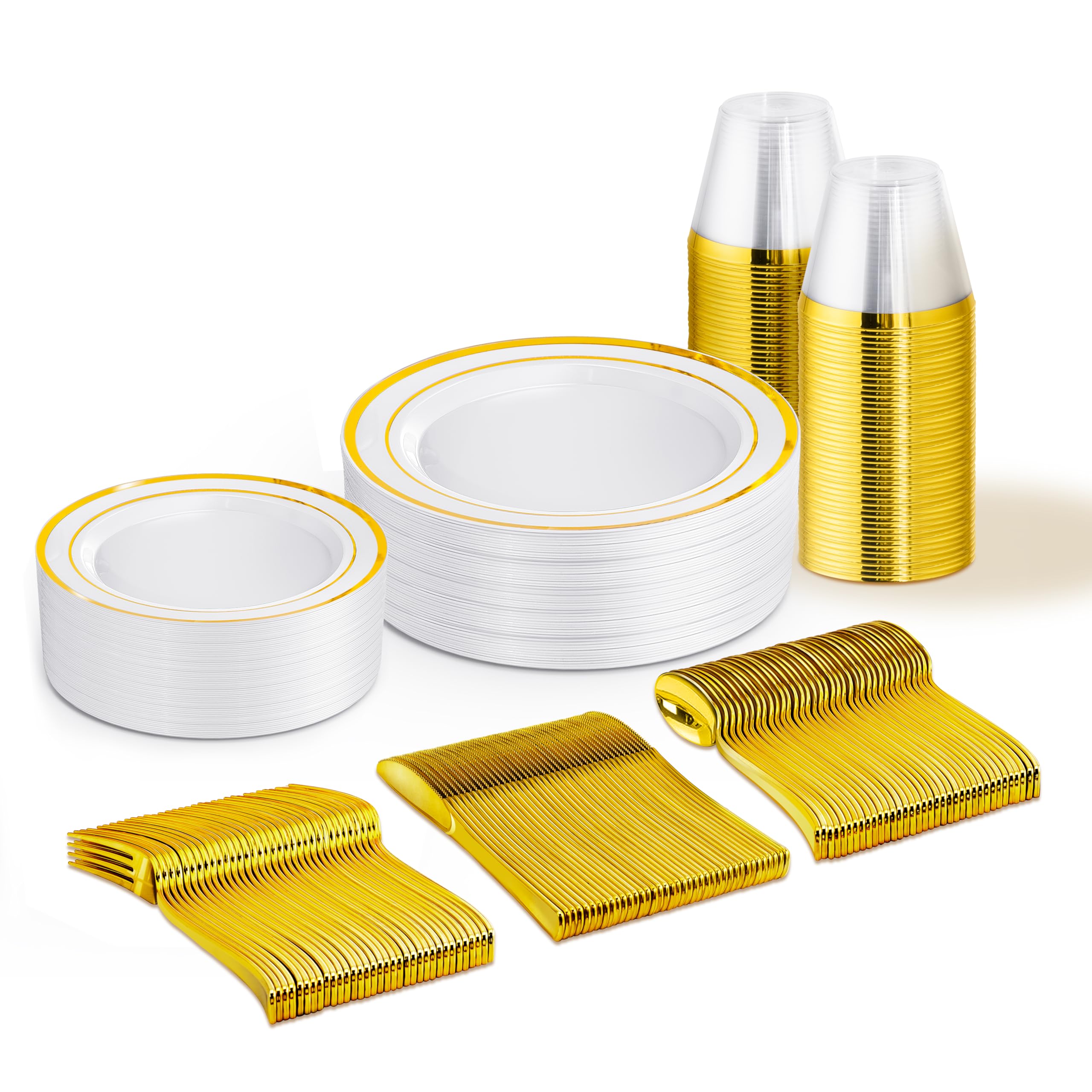 Photo 1 of 150 PCS Gold Disposable Dinnerware Set for 25 Guests, Gold and White Plastic Plates for Party, 25 Dinner & Salad Plates, 25 Cups, 25 Forks Knives Spoons for Wedding and Party Supplies