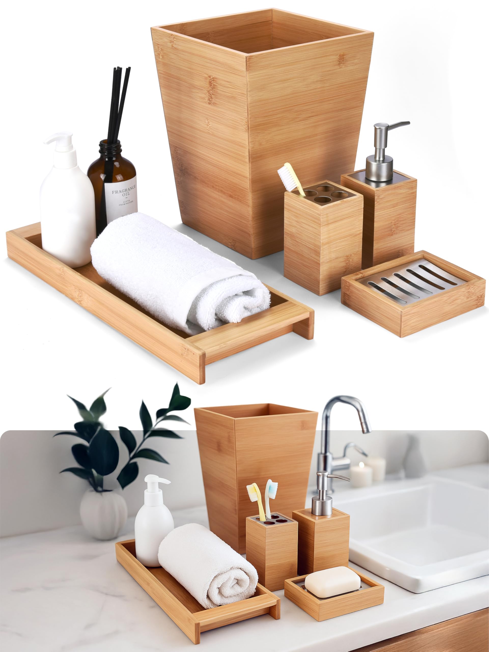 Photo 1 of **FOR PARTS ONLY/ HAS BROKEN PIECES*** Bamodi Bamboo Bathroom Decor Set - 5-Piece Aesthetic Decorative Accessories for Restroom - 7x2.5X.2.5-Inch Set Includes Toiletry Box, Toothbrush Holder, Liquid Soap Dispenser, and Wooden Towel Tray