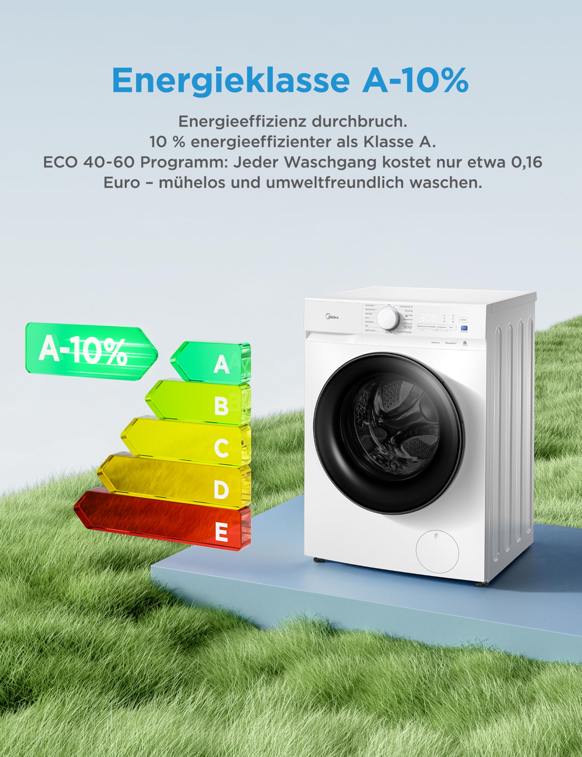 Midea Waschmaschine V3 series, 8 kg | Energieeffizienzklasse A-10% | 1400 U/min | Dampffunktion | Tierhaare| 15-Min Schnellwäsche | Woolmark-Zertifiziert | MFV3EW80BA10 | Weiß 4
