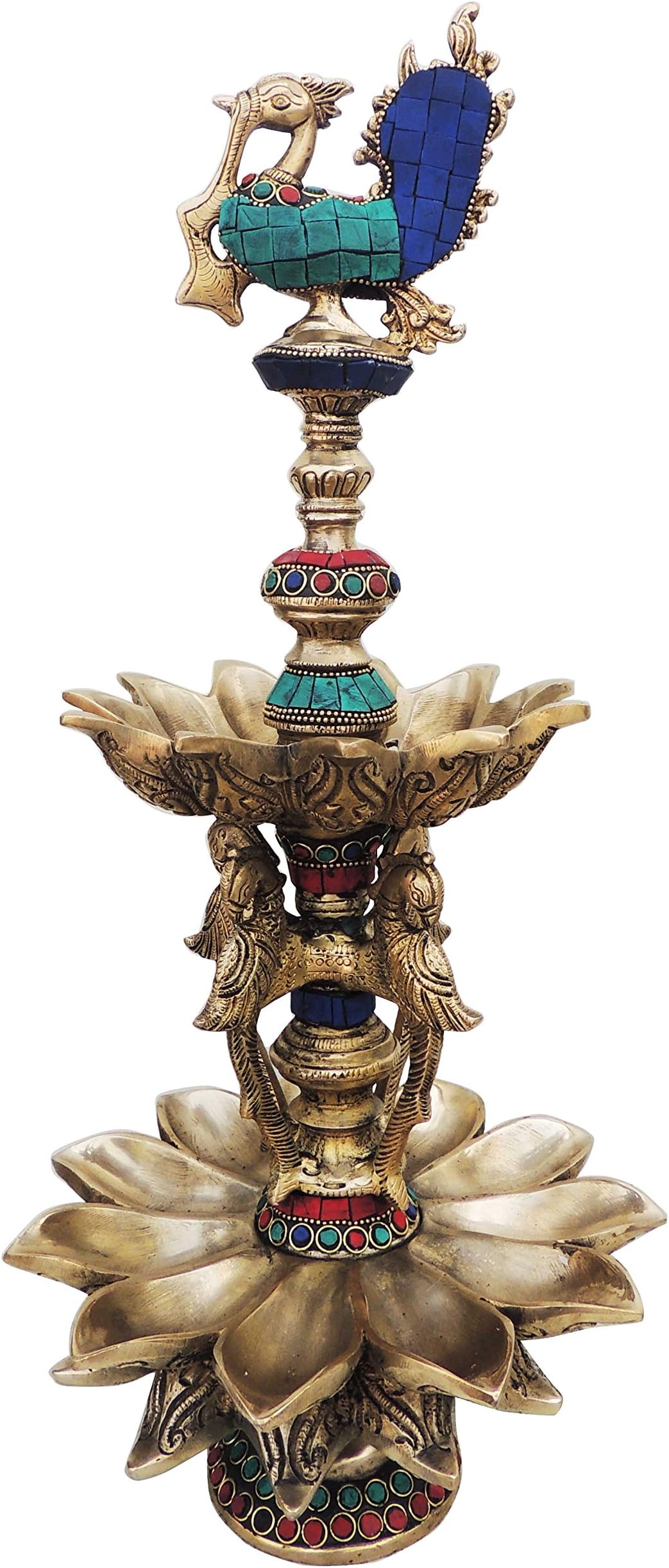 Brass Gift Center Diya (Deepak) with Turquoise Coral Stone Work Brass Table Diya (Height: 18.3 inch)