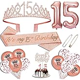 Hysilla 15th Birthday Decorations - Rose Gold Sash, Crown, Cake Topper, Balloons, Pin & Candle Set