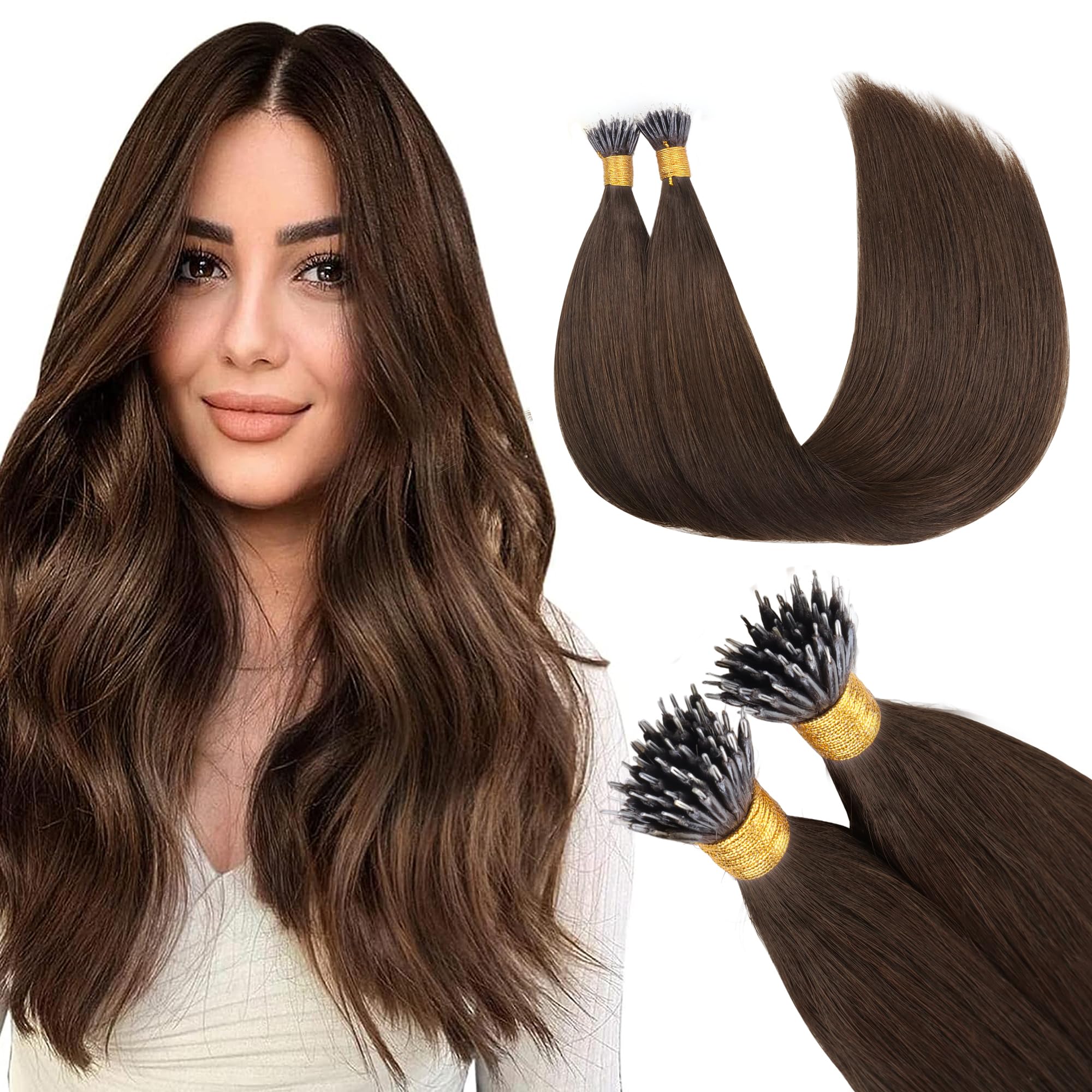 GOO GOO Nano Hair Extensions Real Human Hair, Nano Beads Hair Extensions, Chocolate Brown 50g 18inch 50 Strands Cold Fusion Nano Rings Extensions