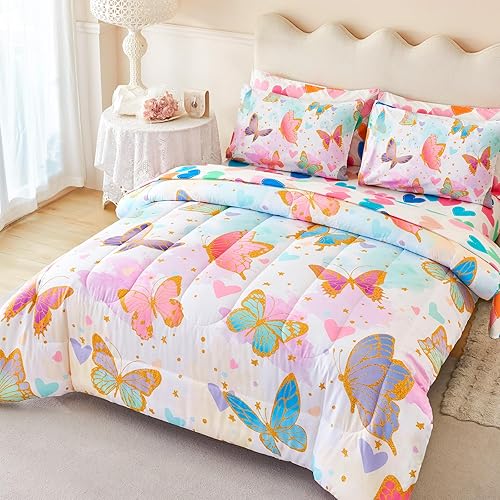 ASKOTU 7 Pcs Girls Butterfly Bedding Set Twin Size, Comforter Set Twin Bedding Set for Girls
