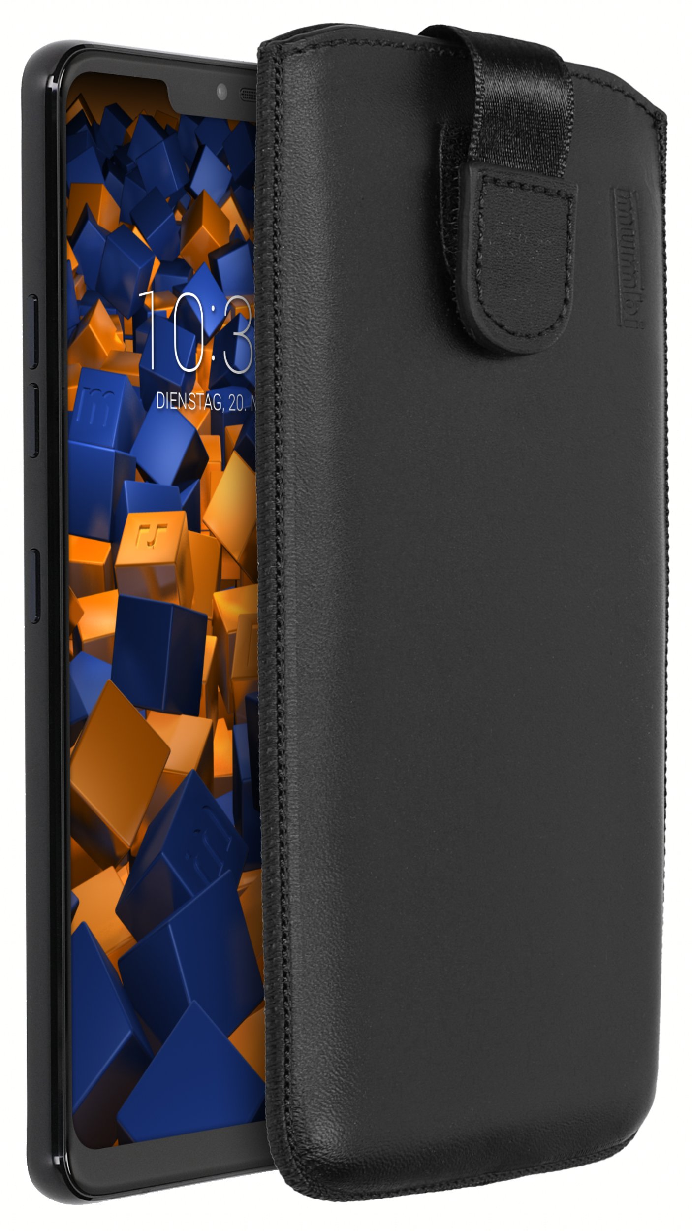 mumbi Genuine Leather Case Compatible with LG G7 ThinQ with Pull-Out Tab Black