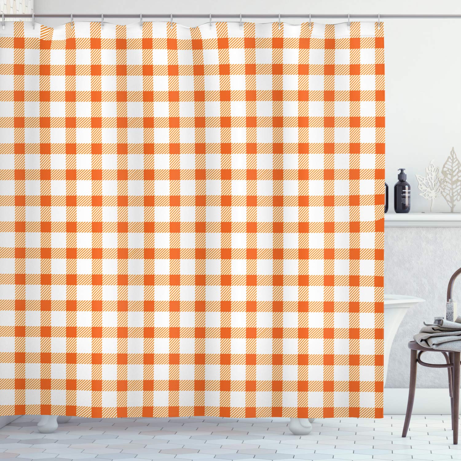 ABAKUHAUS Orange and White Shower Curtain, Retro Gingham Style Checkered Squares Pattern in Warm Colors Plaid, Cloth Fabric Bathroom Decor Set with Hooks, 70 Inches, Orange and White