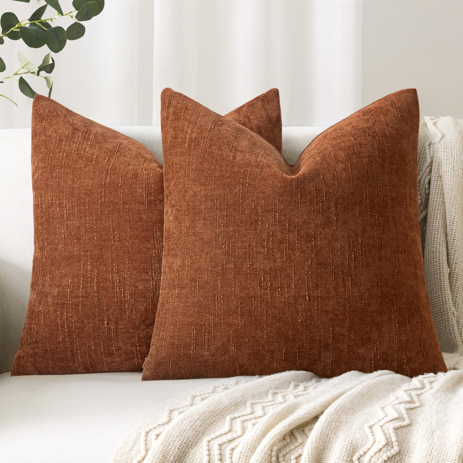 Photo 1 of Woaboy Set of 2 Textured Throw Pillow Covers Decorative Soft Accent Chenille Fall Pillowcases Neutral Farmhouse Cushions Modern Home Decor for Couch Sofa Bedroom Living Room 22x22 Inch,Brown Rust