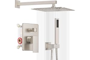 ESNBIA Shower System, Bathroom 10 Inches Rain Shower Head with Handheld Combo Set, Wall Mounted High Pressure Rainfall Dual Shower Head System, Shower Faucet Set with Valve and Trim, Brushed Nickel