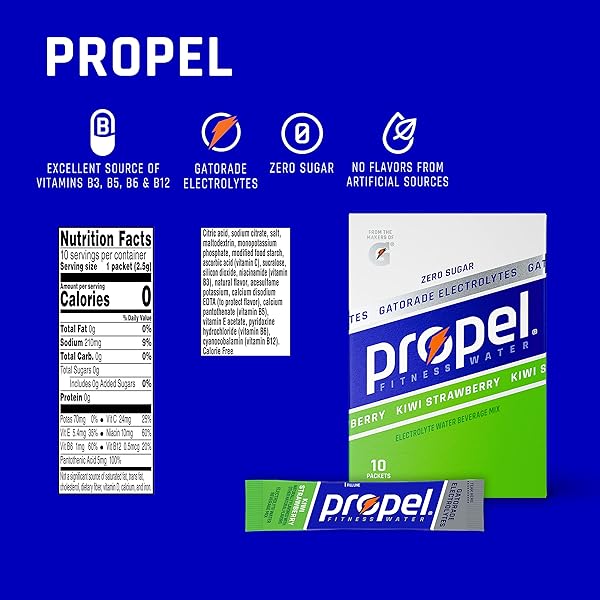 PROPEL ELECTROLYTE ENHANCED WATER DRINK MIX POWDER PACKETS, KIWI STRAWBERRY, ZERO CALORIE & ZERO SUGAR HYDRATION WITH ELECTROLYTES AND VITAMINS C & E (10 PACKETS)