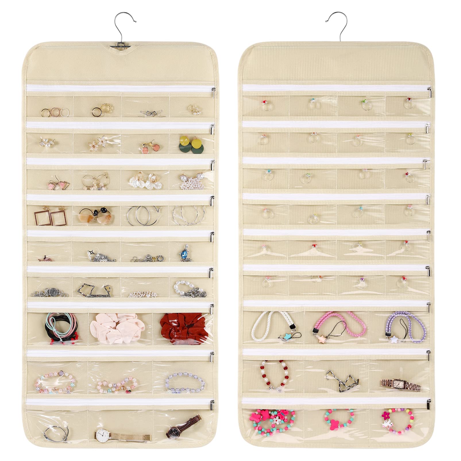 Hanging Jewelry Organizer Double Sided Zipper Earrings Pocket Holder with 66 Pockets Wall Closet Necklace Hanger for Bracelet Watch Ring Chain