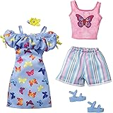 Barbie Fashions 2-Pack Clothing Set, 2 Outfits for Barbie Doll Includes Off-the-Shoulder Butterfly Print Dress, Butterfly Tan