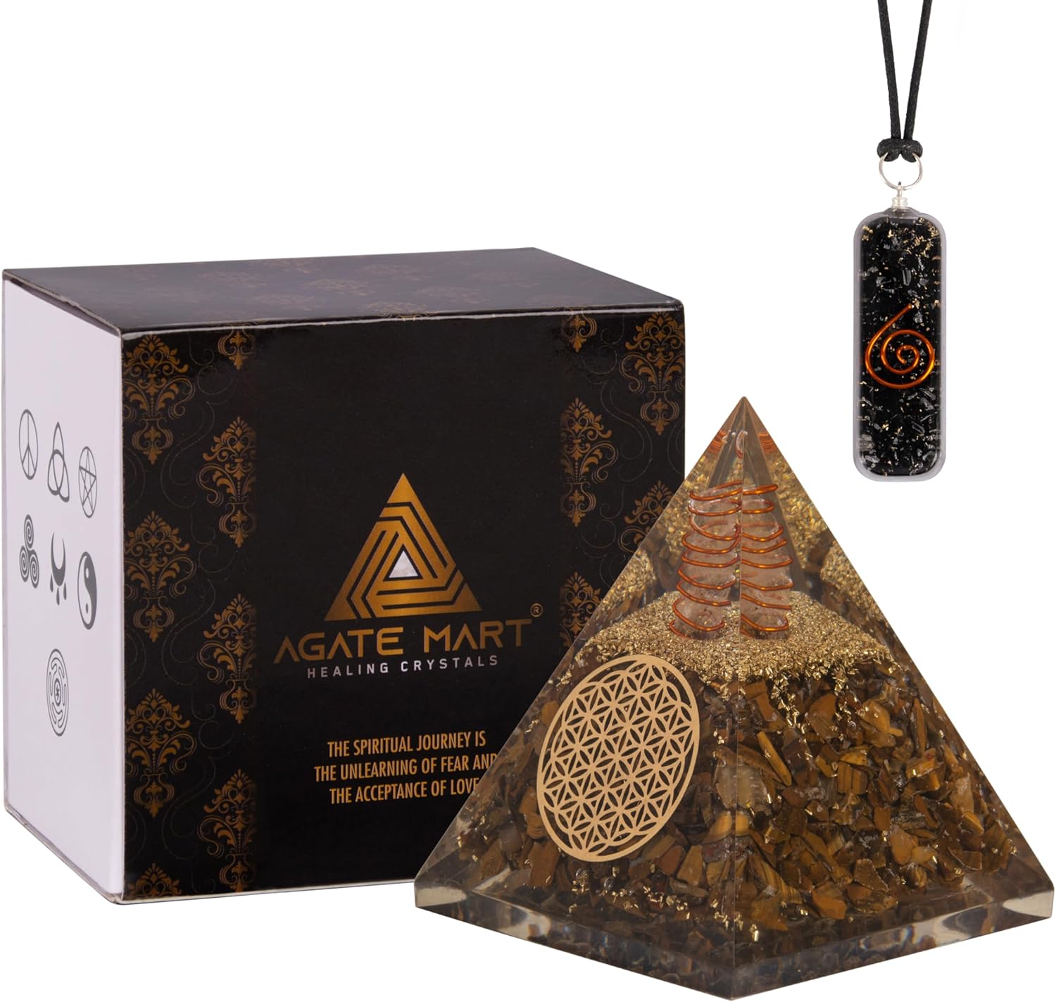 Mixed Media - Agate Mart Tiger Eye Orgonite Pyramids with Black Tourmaline Pendant - Grounding and Protective Energy Set