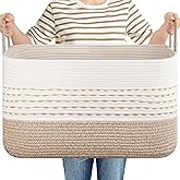 OIASKET Large Blanket Basket for Living Room, 75L Woven Storage Baskets for Organizing, Rectangle Cotton Rope Toy Basket With Handles-Brown & White