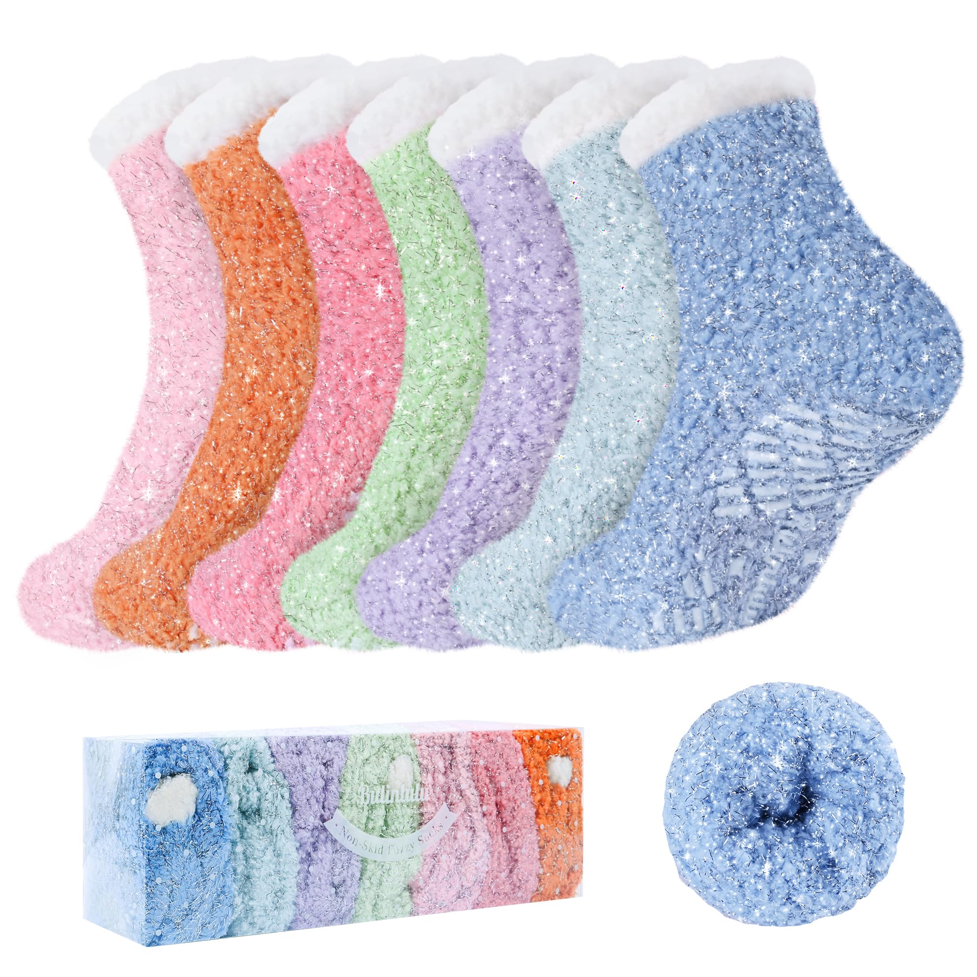 Bulinlulu Fuzzy Socks with Grips Mothers Gifts for Women,7 Pairs Non Slip Hospital Sleep Warm Fluffy Non-Skid Thick Slipper Socks with Grippers (Sparkle Blue/Sky Blue/Green/Purple/Pink/Light Pink/Red) Image