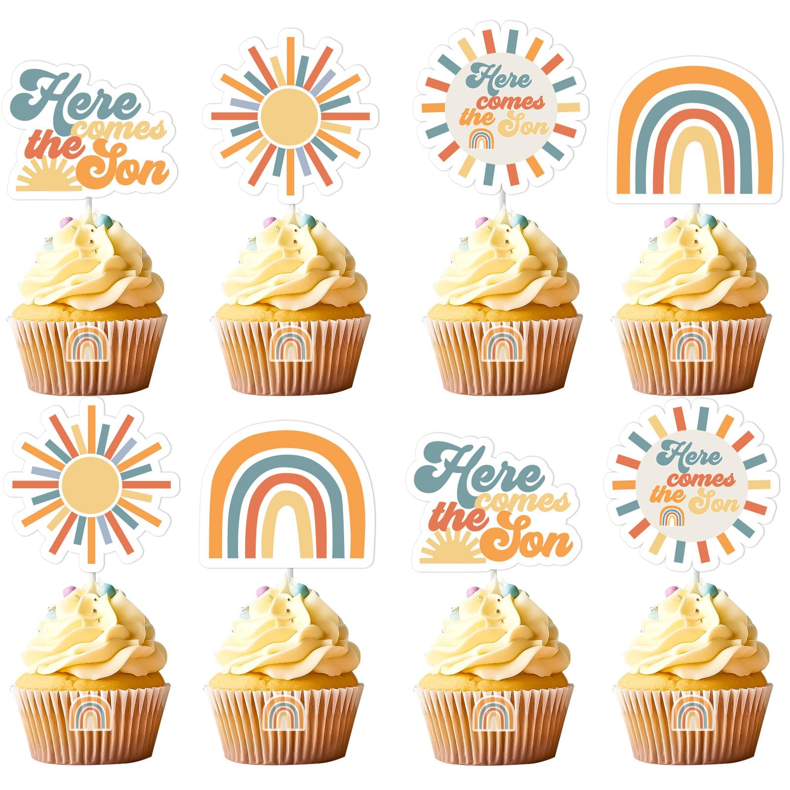 Kreatwow 24Pcs Here Comes the Son Baby Shower Decorations Cake Topper Retro Sun Baby Shower Decorations Cake Toppers Boy Sunshine Baby Shower Cupcake Topper Boho Sunshine Baby Shower