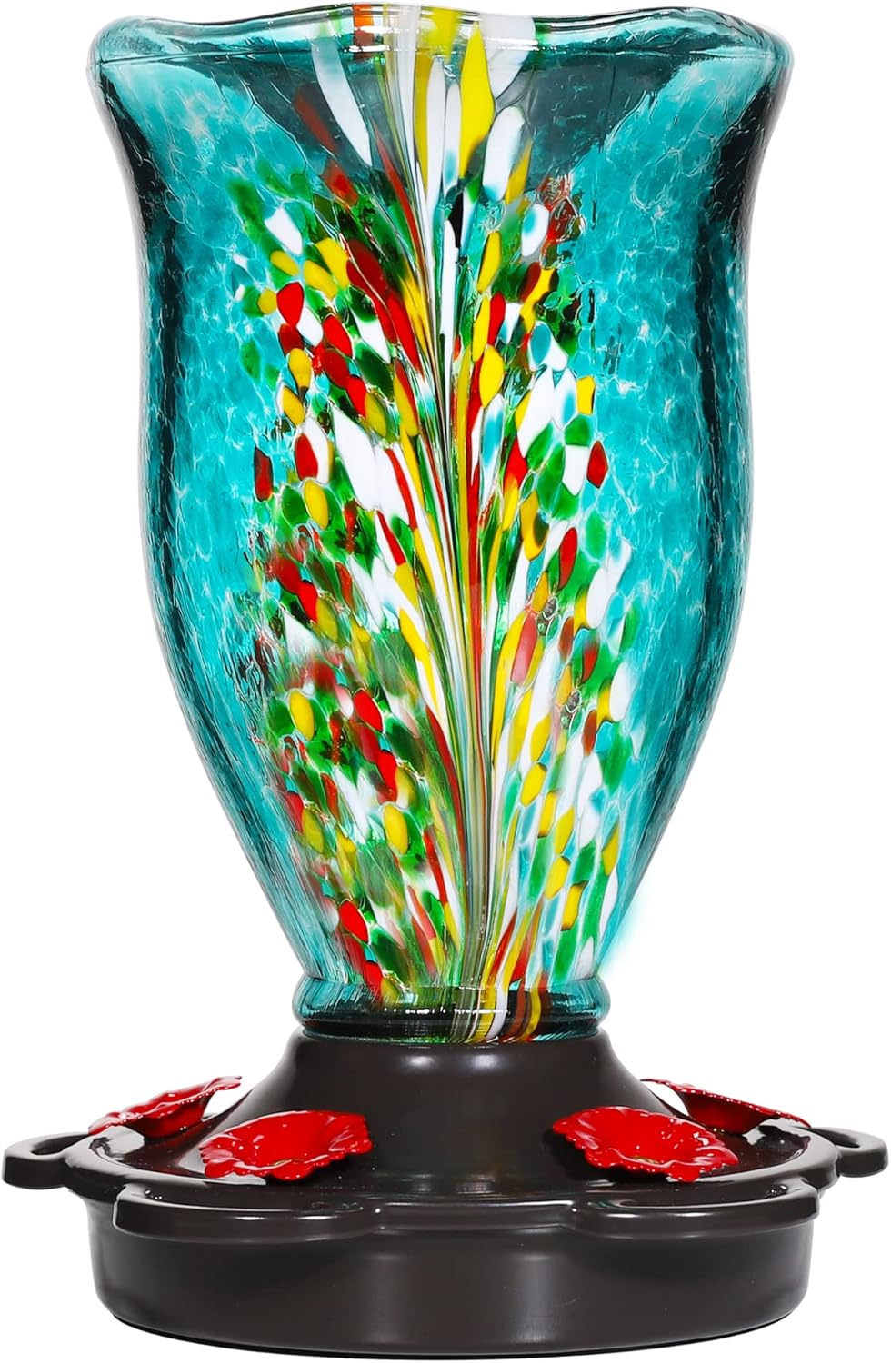 Backyard Birding & Wildlife - LUJII Hummingbird Feeders for Outdoors with Ant Guard, Blown Glass Hummingbird Feeder for Outside Hanging, 25 oz, Never Leak, Unfading & Anti-Rust, Flower Vase, Garden Backyard Patio Decor, Blue