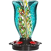LUJII Hummingbird Feeders for Outdoors with Ant Guard, Blown Glass Hummingbird Feeder for Outside Hanging, 25 fl.oz, Never Leak, Unfading & Anti-Rust, Flower Vase, Garden Backyard Patio Decor, Blue