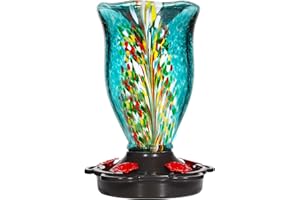 LUJII Hummingbird Feeders for Outdoors with Ant Guard, Blown Glass Hummingbird Feeder for Outside Hanging, 25 fl.oz, Never Leak, Unfading & Anti-Rust, Flower Vase, Garden Backyard Patio Decor, Blue