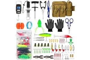 AOFUXTI Fishing Tool Kit - 112pcs Fishing Gear & Equipment, Fish Pliers, Hook Remover, Scale, Scissors, Lip Gripper, Lures