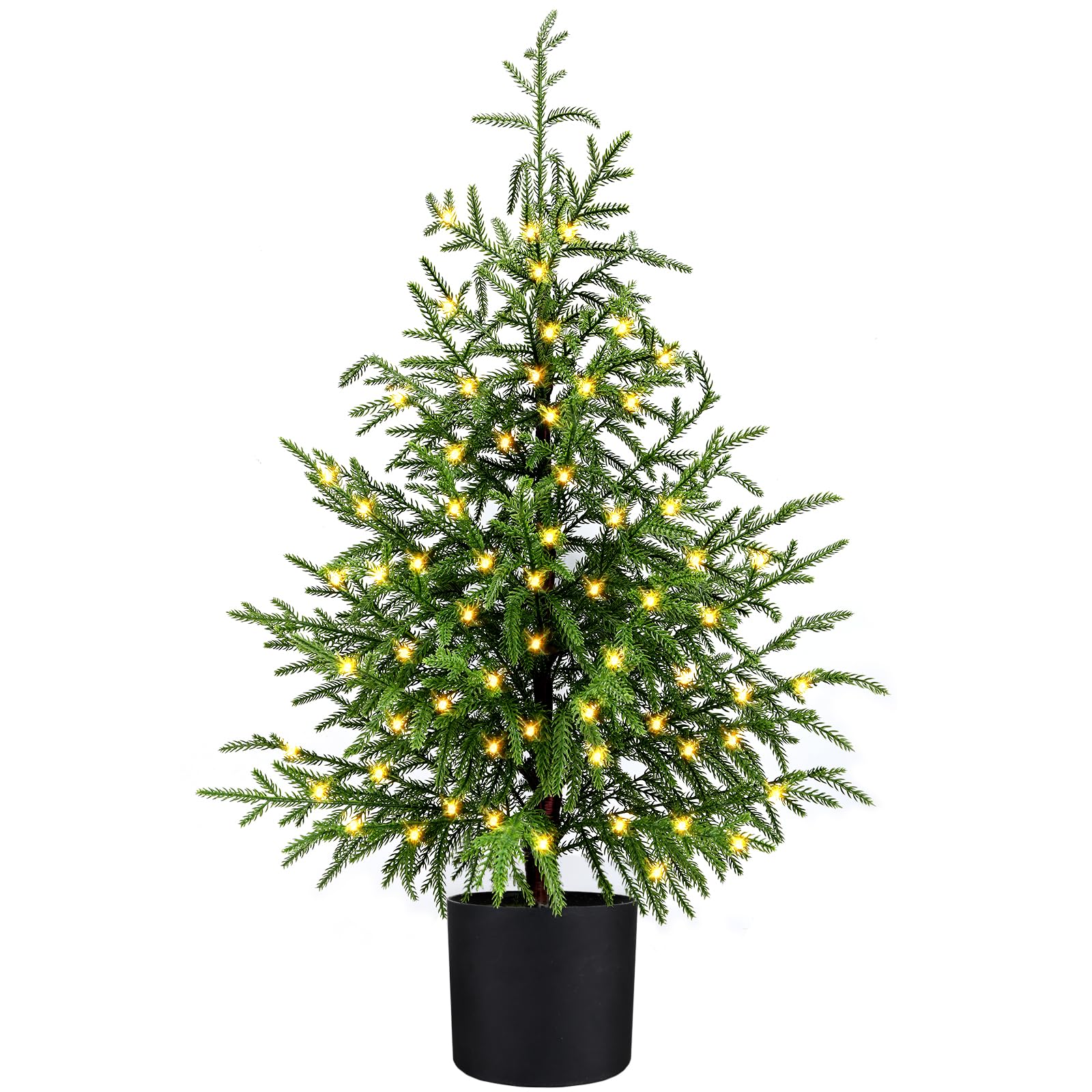 Photo 1 of ENVEN 3FT Pre-Lit Artificial Norfolk Pine Christmas Tree – Realistic Potted Tree with 70 LED Lights & 8-Mode Battery Box, Pre-Assembled Faux Holiday Decor for Indoor Display