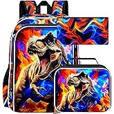 UFNDC 3PCS Boys School Backpack Set, Dinosaur Bag with Fire Bookbag and Lunch Box, 17 Inch Water Resistant for Teenagers Elementary Middle