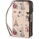 HAWEE RFID Wallet for Women with Cellphone Pocket - Double Zipper Wristlet Purse Large Capacity, 17 Card Slots, Coin Pocket, ID Window, Effel Tower Flower