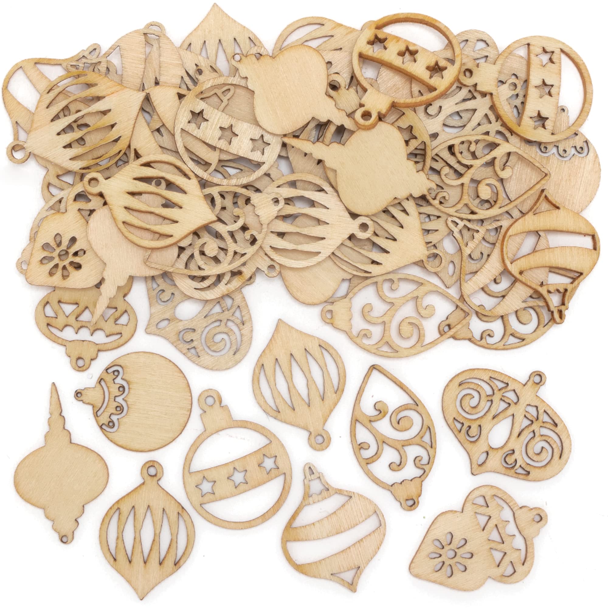 Baker Ross FE981 Christmas Bauble Mini Wooden Shapes - Pack of 72, Embellishments for Crafting, Craft Supplies for Children, Ideal for Kids Arts and Craft Projects