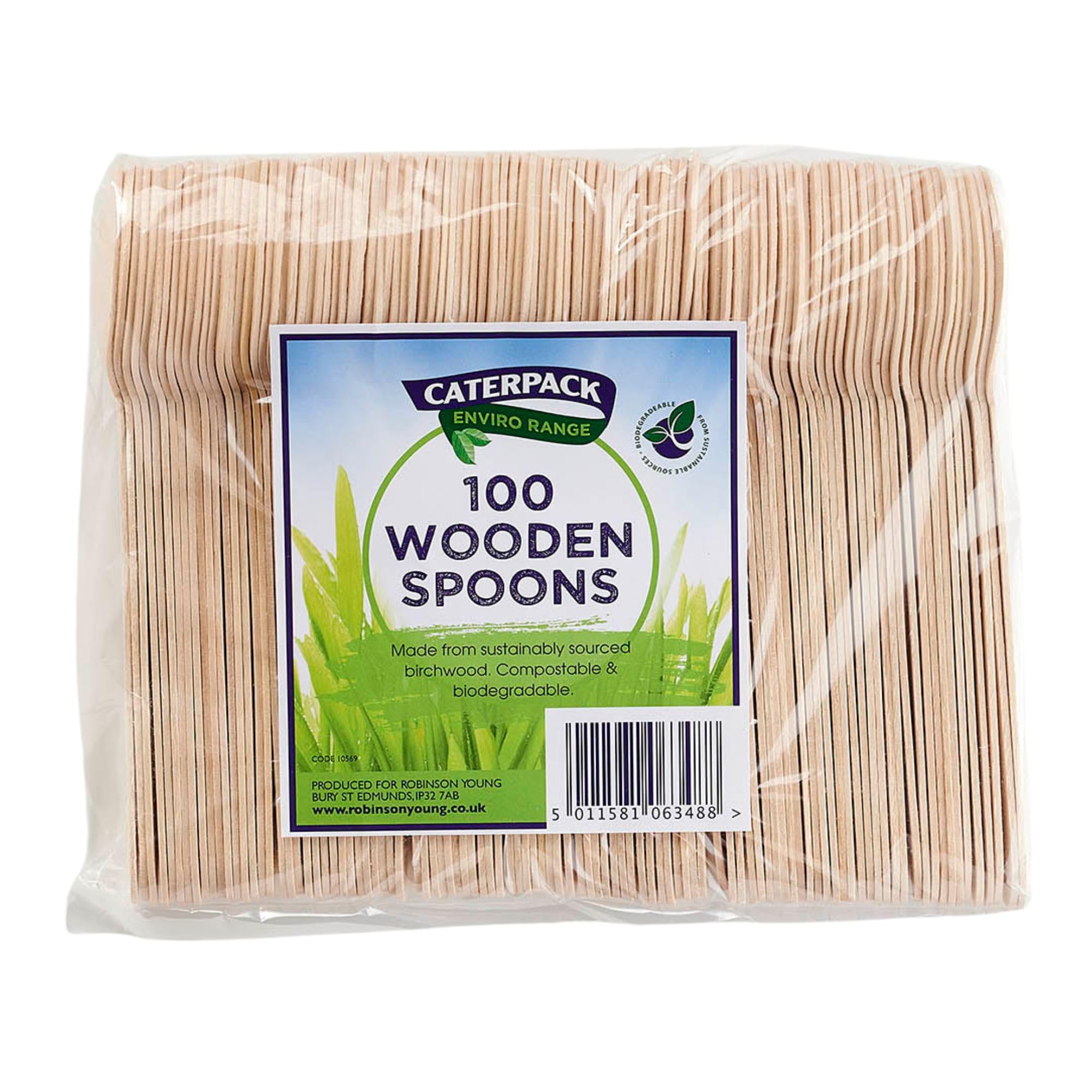 Caterpack Enviro Range Wooden Spoons Made from Sustainably Sourced Birchwood, Compostable and Biodegradable, 100 Pack