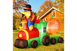 DOMKOM 6FT Thanksgiving Inflatables Train, Fall Blow up Turkey Drive Train with Colorful Tail and Pumpkin Give Thanks Sign, Decorations Outdoor Built-in LED Lights Yard Autumn Holiday Harvest