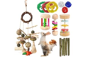 EVISWIY 15PCS Rabbit Toys for Bunnies Boredom Enrichment with Chinchilla Hamster Rat Guinea Pig Bunny Toys for Rabbits Indoor Wooden Hanging Bunny Rabbit Chew Toy for Teeth Keep Busy Grass Sticks Treat Balls