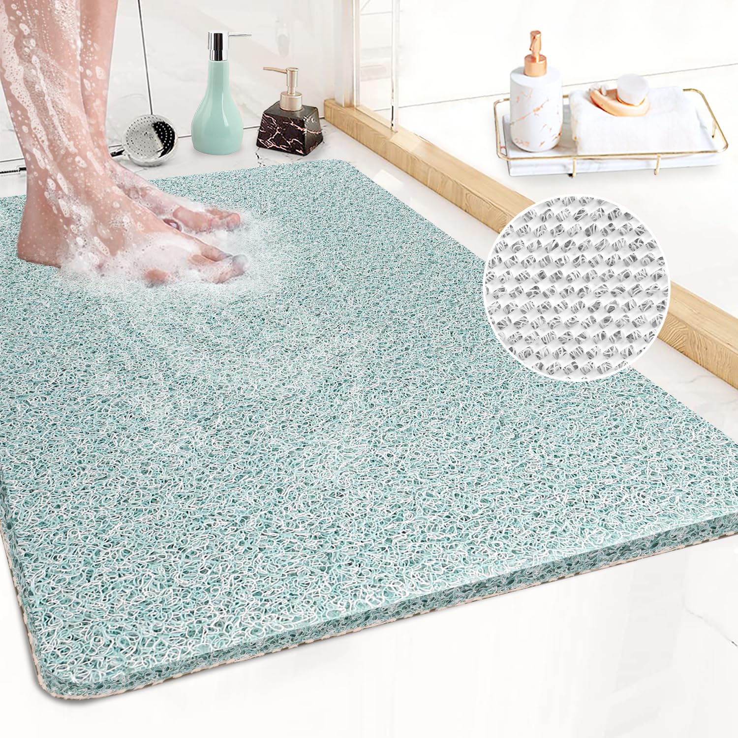 Corner Shower Mat Non Slip,Anti Mould Bath Mat,Loofah Sector Bathroom Mats,21 Inch Quadrant Shower Mats with Drain,PVC Bathtub Rug for Tub & Wet Floor,Washable Stall Rugs,Quick Drying,Inside Outside