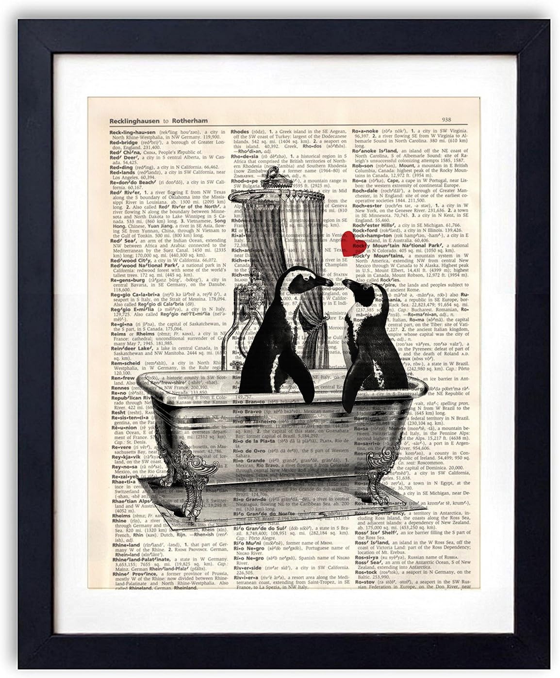 akeke Romantic Penguin Love Vintage Dictionary Art Print, Penguin Art for Bathroom Wall Decor 8x10 inch Unframed, Gifts for Roommates Girlfriend Women