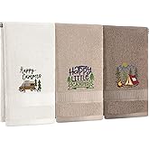 Hillsuren Kitchen 3 Pcs Camping Themed Hand Towels Embroidered Happy Camping Bathroom Towels 14x29 Inch Farmhouse Cotton Soft Decorative Embroidered HandTowels for Bathroom Kitchen