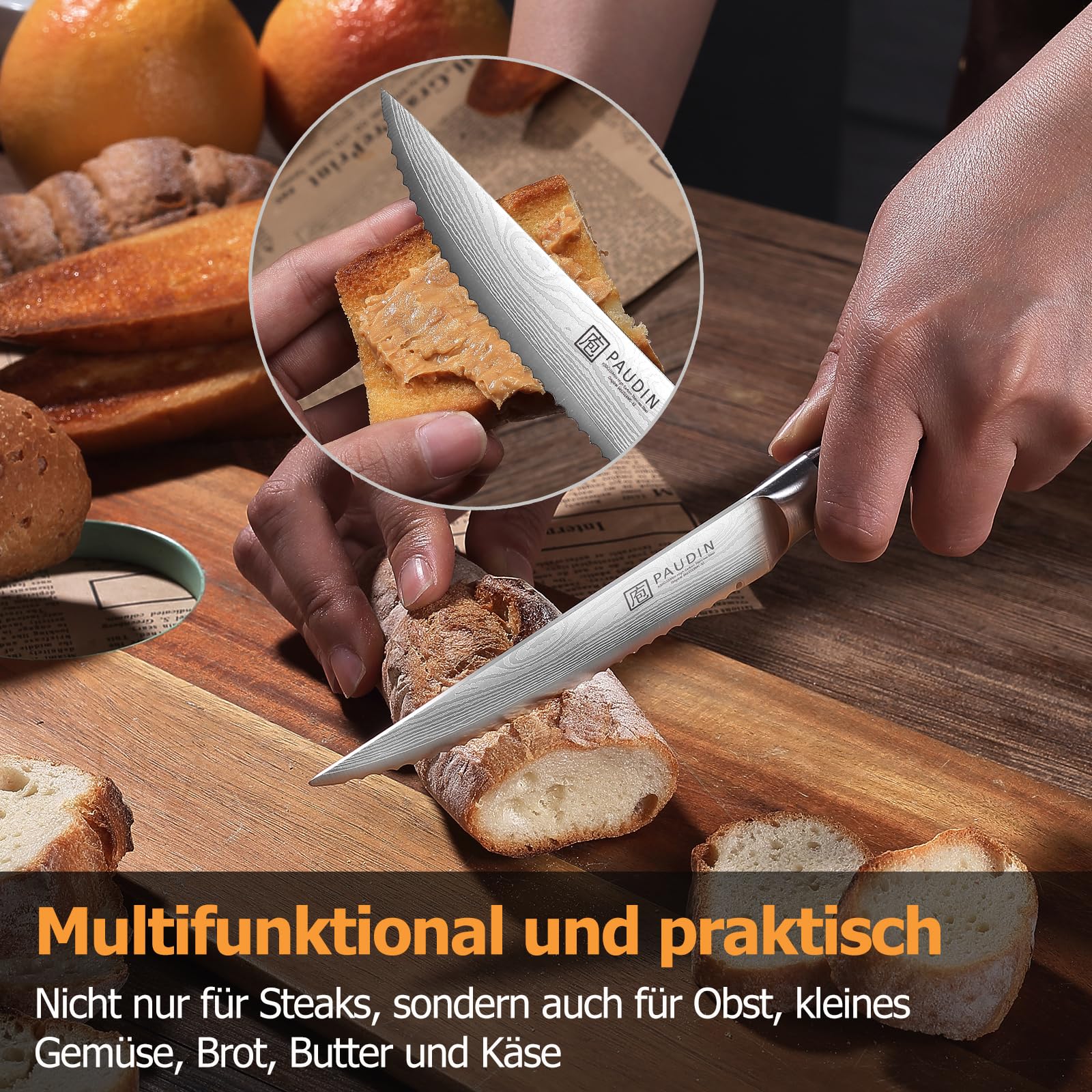 PAUDIN Steakmesser 6-teiliges Set, hochwertiger deutscher Edelstahl Steak Messer, ultrascharfe gezackte Klinge und ergonomischer Holzgriff, Tafelmesser mit Geschenkbox 5